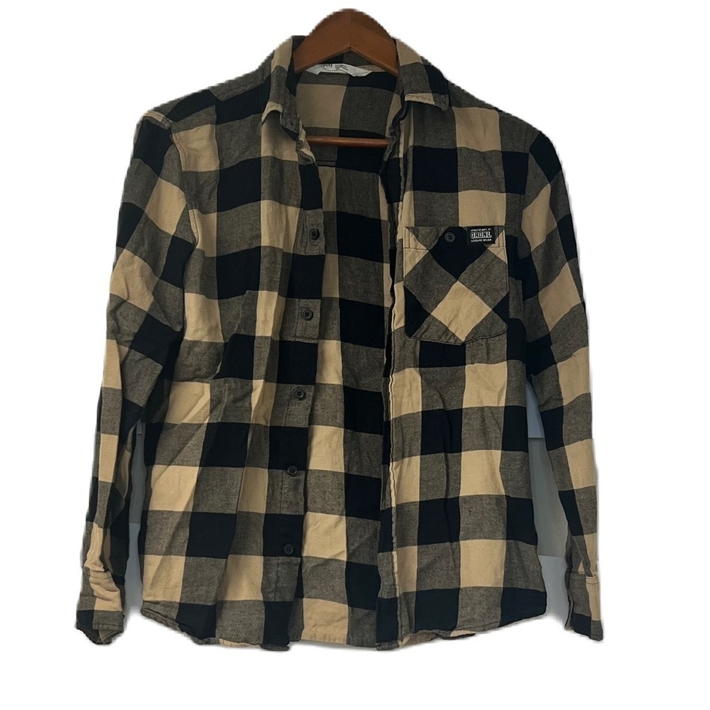 H&M boys sz 12 tan black checkered button down long sleeve shirt casual classic